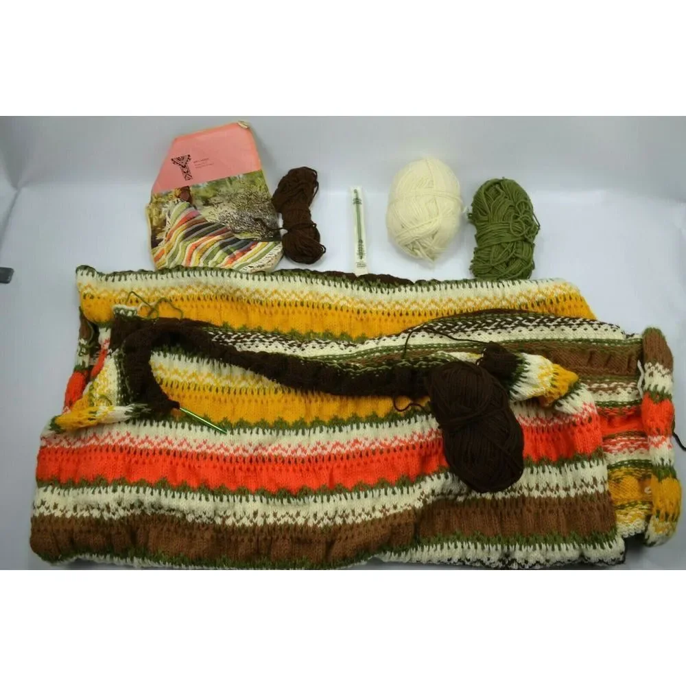 Vtg Hand Crochet Afghan Blanket Throw 90% COMPLETE Tribal Pattern Retro  52